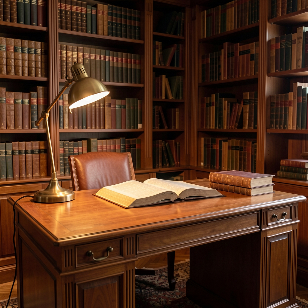 Bureau en bois élégant avec un livre ouvert, une lampe de bureau orientée qui crée une lumière chaude et directionnelle, fond de bibliothèque avec rangées de livres anciens, atmosphère studieuse et raffinée