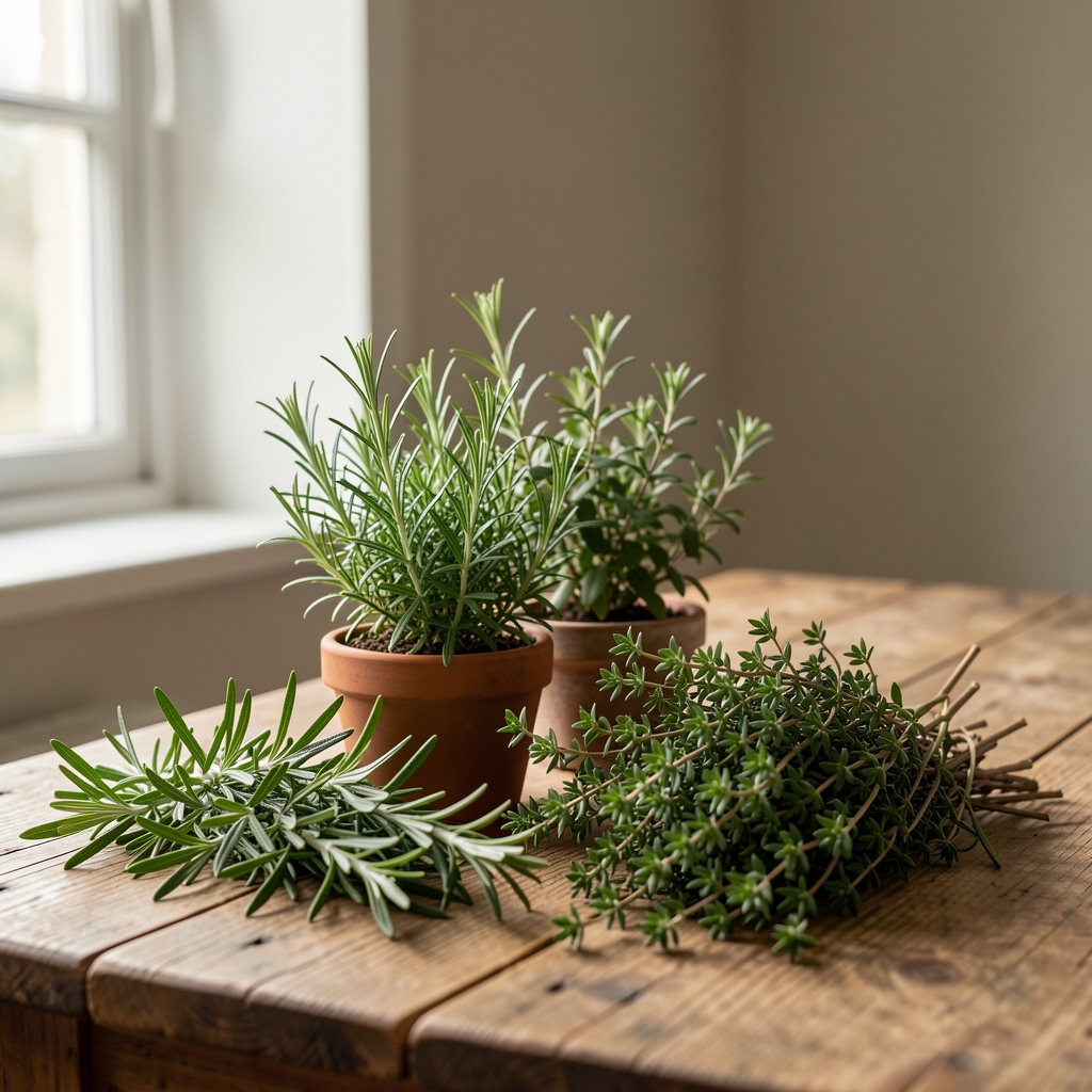 Sélection de plantes aromatiques fraîches — romarin, thym, sauge — disposées sur une table en bois rustique, lumière naturelle douce de fenêtre, style éditorial calme