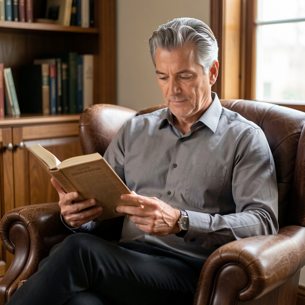 Homme mature élégant en chemise grise lisant un livre dans un fauteuil en cuir près d'une fenêtre lumineuse, atmosphère calme et studieuse, lumière naturelle douce de côté