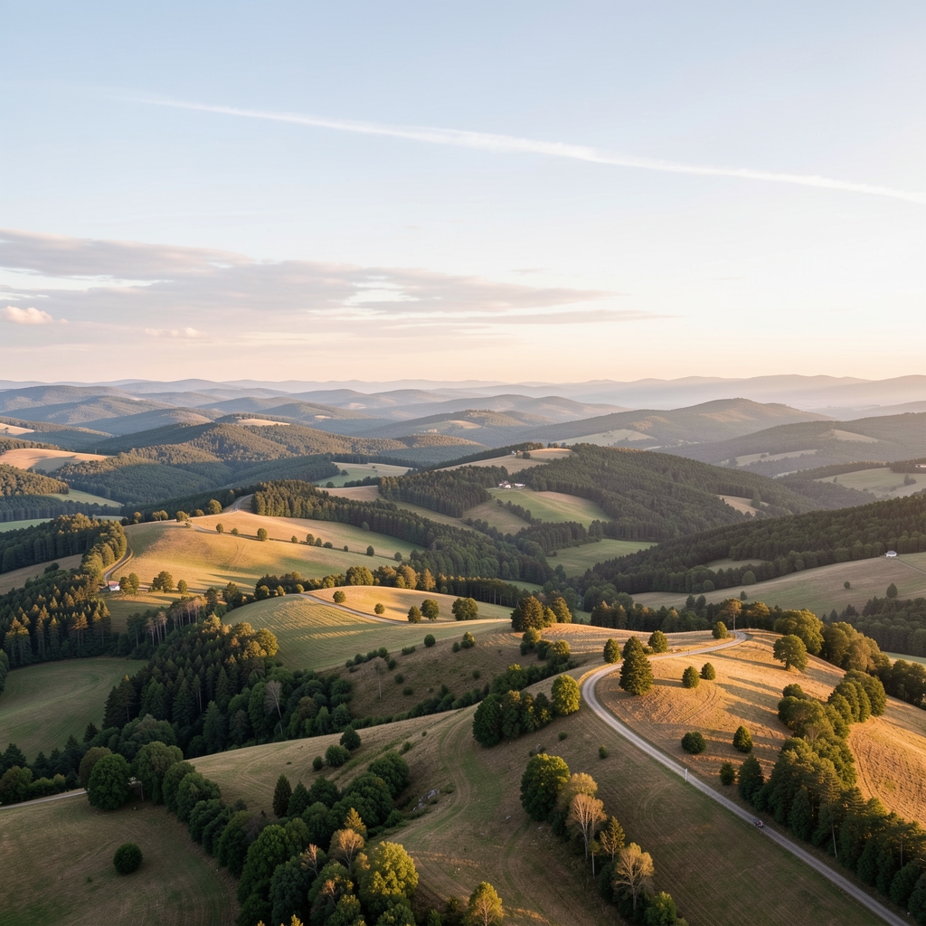 Vue panoramique d'une forêt de pins en montagne au lever du soleil, brume légère entre les arbres, tons verts profonds et dorés, atmosphère de calme et de ressourcement naturel