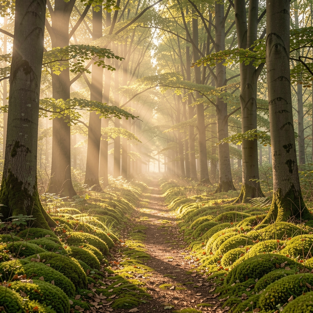 Sentier forestier calme au lever du matin, rayons de soleil filtrant à travers les feuilles de hêtres, sol couvert de mousse verte, atmosphère paisible
